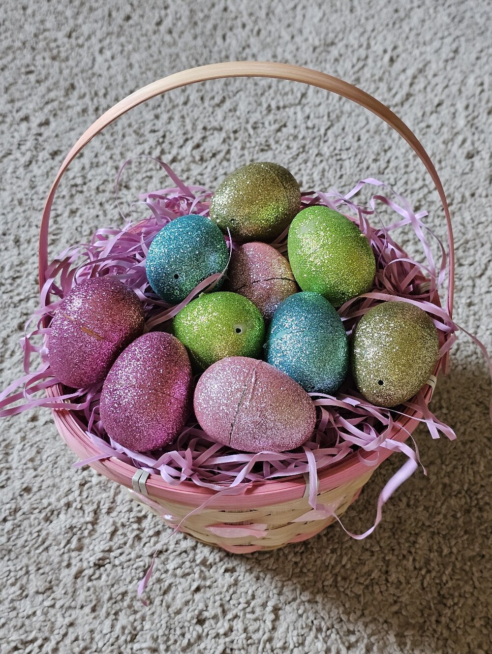 New! Easter Basket with 10 Glitter Eggs and Purple Grass - Foldable Handle